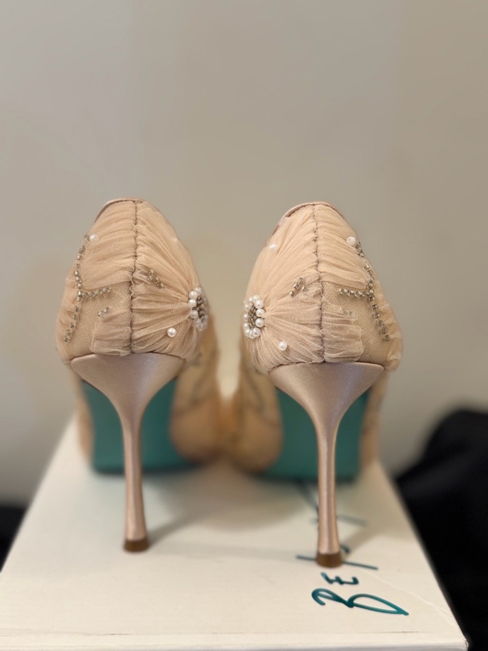 Betsey Johnson Nude Beaded Tulle Pointed Pump with Teal Heel - Picture 3 of 11